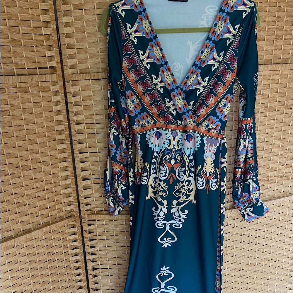 Teal Boho Pattern Shein Mermaid Maxi Dress with arm cut outs. Snug fit.